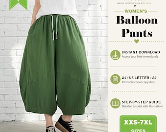 Cartamodello per pantaloni a palloncino cropped, pantaloni a gamba larga con elastico in vita (PDF), pantaloni harem comodi da donna, taglie dalla XXS alla 7XL.