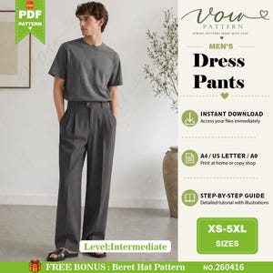 Puede incluir: Un patrón de costura digital para pantalones de vestir, con una camiseta gris de manga corta y pantalones grises a juego con pliegues y corte recto. El texto incluye Vow Pattern, Dress Pants, Instant Download, A4/US Letter/A0 y XS-5XL.