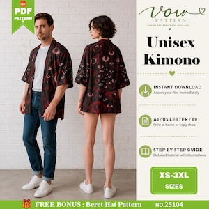 Wzór do szycia kimona unisex w formacie PDF, strój domowy w stylu yukata, japońskie kimono o splocie przeciwdeszczowym, wersja cyfrowa