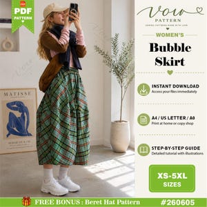 May include: A digital sewing pattern for a bubble skirt featuring a green, black, and orange plaid pattern. The text includes Vow Pattern, Women's Bubble Skirt, Instant Download, A4/US Letter/A0, Step-by-Step Guide, and XS-5XL Sizes.