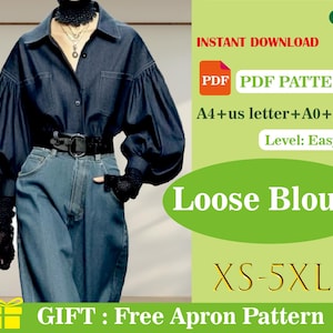 Blouse met lantaarnmouwen pdf naaipatroon | Shirt met pofmouwen voor dames | Oversized top | Losvallend naaipatroon | Digitale download