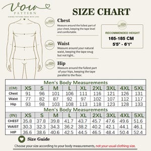 Op de afbeelding: Een maattabel voor naaipatronen met een lijntekening van een torso met meetpunten voor borst, taille en heupen. Het bevat een tabel met lichaamsmaten in centimeters en inches voor de maten XS tot 5XL, plus een aanbevolen lengtebereik.
