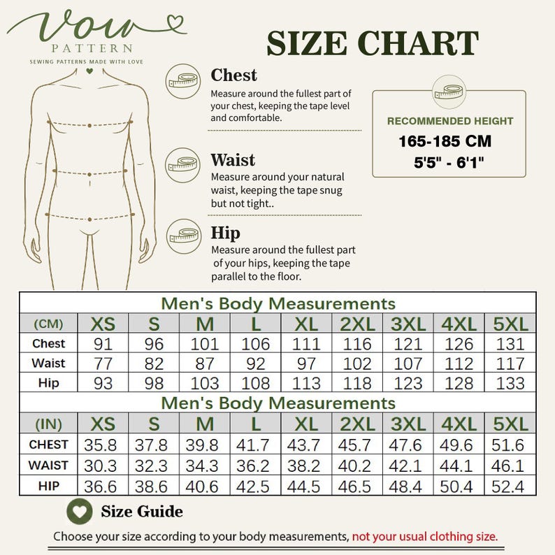Op de afbeelding: Een maattabel voor naaipatronen met een lijntekening van een torso met meetpunten voor borst, taille en heupen. Het bevat een tabel met lichaamsmaten in centimeters en inches voor de maten XS tot 5XL, plus een aanbevolen lengtebereik.