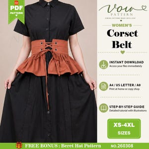 May include: A black button-down dress featuring a rust-colored corset belt with a lace-up front and a flared peplum hem. The image includes text: Vow Pattern, Corset Belt, Instant Download, A4/US Letter/A0, Step-by-step guide, XS-4XL, Free Bonus.