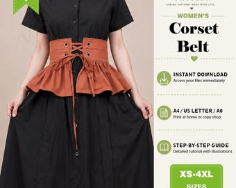Lace-Up Peplum Corset Belt Sewing Pattern PDF, Medieval Renaissance Roleplay Waist Corset, Adjustable Waist Cincher Costume Pattern