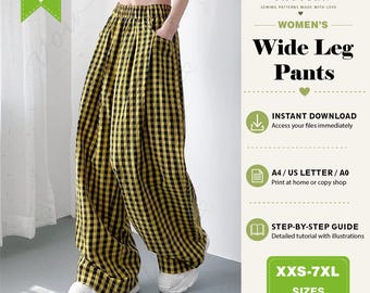 Puede incluir: Un patrón de costura digital para pantalones anchos con estampado de cuadros vichy en amarillo y negro. El patrón incluye instrucciones para tallas XXS-7XL, formateado para impresión A4, US Letter y A0, con un patrón de boina de regalo.