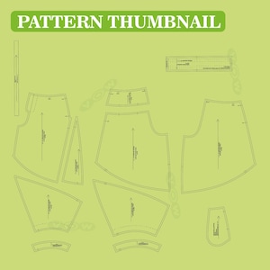 May include: A pattern thumbnail with various garment pattern pieces arranged on a light green background. The pieces are outlined in black with directional arrows and text. The words "PATTERN THUMBNAIL" are in white text at the top.