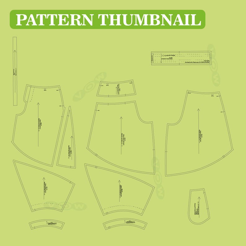 May include: A pattern thumbnail with various garment pattern pieces arranged on a light green background. The pieces are outlined in black with directional arrows and text. The words "PATTERN THUMBNAIL" are in white text at the top.