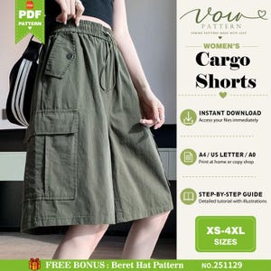 Op de afbeelding: Olijfgroene cargoshorts met een elastische tailleband met trekkoord, twee grote zijzakken met klep en een klein zakje met knoop op de heup. De tekst bevat Vow Pattern, Women's Cargo Shorts, Instant Download, A4/US Letter/A0, Step-by-Step Guide, XS-4XL Sizes en Free Bonus: Beret Hat Pattern.