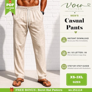 Men's Casual Summer Long Pants  PDF Sewing Pattern Trousers  Digital Download