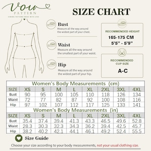May include: A Vow Pattern size chart featuring a line drawing of a body with bust, waist, and hip measurement instructions. It includes recommended height of 5'5"-5'9", cup size A-C, and tables for body measurements in inches and centimeters from XS to 4XL.