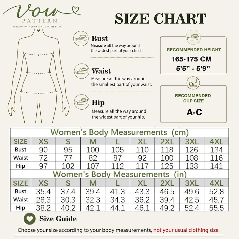 May include: A Vow Pattern size chart featuring a line drawing of a body with bust, waist, and hip measurement instructions. It includes recommended height of 5'5"-5'9", cup size A-C, and tables for body measurements in inches and centimeters from XS to 4XL.