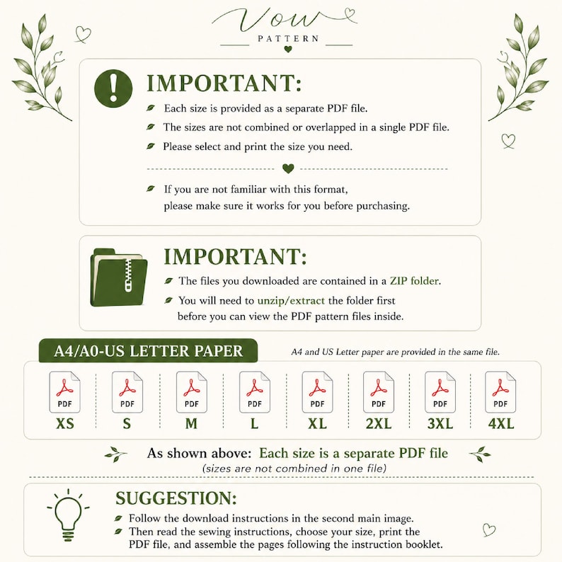 May include: An informational graphic for Vow Pattern sewing files. It explains that each size from XS to 4XL is a separate PDF file, files are delivered in a ZIP folder, and provides instructions for printing on A4 or US Letter paper sizes.