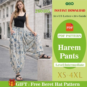 May include: A person wearing black sandals and harem pants with a floral pattern in blue and white. The pants are paired with a black vest top. The image includes text that says "Harem Pants" and "XS-4XL".