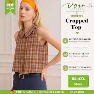 Patrón de costura en PDF para camisa corta sin mangas a cuadros / Top de verano con botones / Top casual de estilo vintage para mujer / Costura fácil para principiantes
