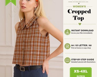 Cropped Sleeveless Plaid Shirt Sewing Pattern | Summer Woman Button Down Tank Top (PDF Download)