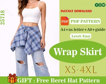 Patrón de costura en PDF para falda cruzada con lazo en la cintura / Falda asimétrica / Apto para principiantes