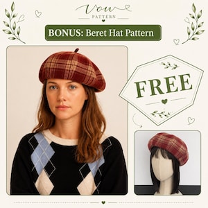 May include: A red and tan plaid beret hat with a small top tab. The image includes text that reads Vow Pattern, Bonus: Beret Hat Pattern, and Free. The beret is shown on a person and on a mannequin head, both displaying the same plaid fabric design.