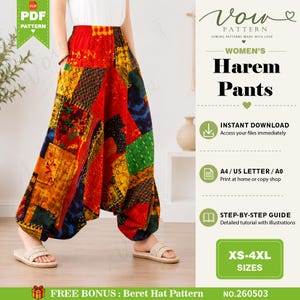 Harem Pants Sewing Pattern PDF, Drop Crotch Pants Pattern, Elastic Hem Trousers, Loose Fit Bohemian Pants, Beginner Friendly XS-4XL