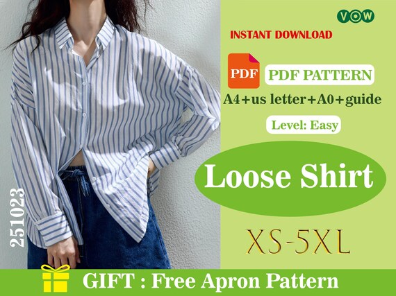 Striped Oversized Shirt Sewing Pattern PDF | Women’s Loose Fit Drop Shoulder Long Sleeve Top | DIY Digital Download Casual Blouse Tutorial