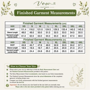 May include: A Vow Pattern size chart displaying Finished Garment Measurements in both centimeters and inches for sizes XS through 4XL. The chart includes bust, sleeve length, and center back garment length, alongside instructions on how to choose a size.
