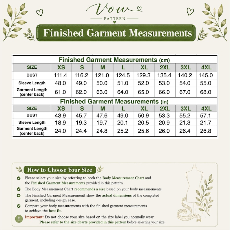 May include: A Vow Pattern size chart displaying Finished Garment Measurements in both centimeters and inches for sizes XS through 4XL. The chart includes bust, sleeve length, and center back garment length, alongside instructions on how to choose a size.