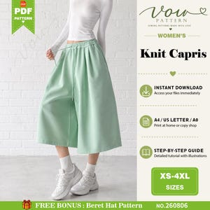 May include: A digital sewing pattern for knit capris in sizes XS-4XL, featuring a light green pair of wide-leg capris with an elastic drawstring waistband. The document includes text for instant download, A4/US Letter/A0 formats, and a bonus beret pattern.