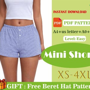 Może przedstawiać: Niebiesko-białe mini szorty w kratę z zapięciem na guziki. Obraz zawiera również tekst "Mini Shorts" i "XS-4XL". Widoczne są również słowa "Natychmiastowe pobieranie" i "PDF PDF Pattern".