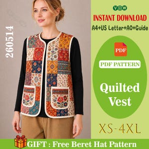 May include: A patchwork quilted vest with a variety of floral and geometric patterns in shades of red, blue, orange, and cream. The vest has two front pockets and a white trim. The image also includes text that says "Quilted Vest" and "XS-4XL".