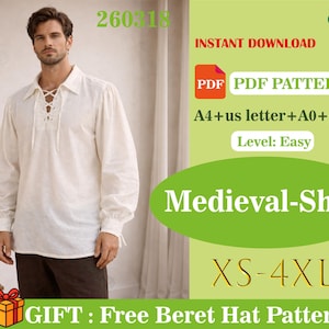 May include: A cream-colored medieval shirt with a lace-up neckline and long sleeves. The image includes text that says "Medieval-Shirt" and "XS-4XL". The shirt is part of a PDF pattern, with the text "Instant Download" and "PDF PDF Pattern".