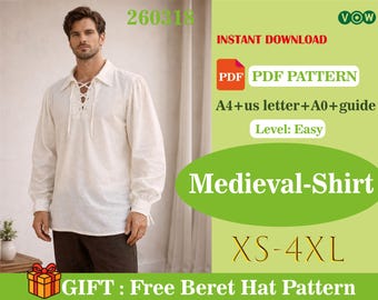Patrón de costura en PDF para camisa medieval, camisa renacentista, ideal para principiantes, descarga instantánea.