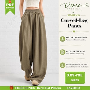 May include: Olive green curved-leg pants with an elastic waistband and side pockets. The text on the image reads Vow Pattern, Curved-Leg Pants, Instant Download, A4 / US Letter / A0, Step-by-Step Guide, XXS-7XL Sizes, and Free Bonus: Beret Hat Pattern.