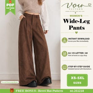 May include: A digital sewing pattern for wide-leg trousers featuring a brown suede-like texture. The pattern includes instructions for sizes XS to 5XL, with options for A4, US Letter, and A0 printing formats, and a step-by-step guide with illustrations.