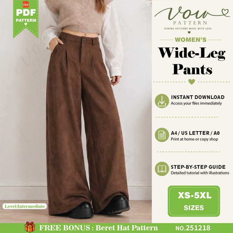 May include: A digital sewing pattern for wide-leg trousers featuring a brown suede-like texture. The pattern includes instructions for sizes XS to 5XL, with options for A4, US Letter, and A0 printing formats, and a step-by-step guide with illustrations.