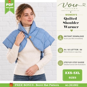 May include: A light blue quilted shoulder warmer with a single wooden button closure. The text on the image includes Vow Pattern, Quilted Shoulder Warmer, Instant Download, A4 / US Letter / A0, Step-by-Step Guide, XXS-5XL Sizes, and Free Bonus: Beret Hat Pattern.