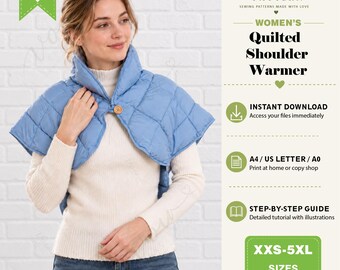 Quilted Shoulder Warmer Sewing Pattern, Padded Shoulder Cape PDF Pattern, Cozy Winter Layer, Women’s Sewing Pattern, Instant Download