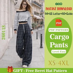 Women Wide Leg Cargo Pants PDF Sewing Pattern, Elastic Waist Plaid Utility Pants, Relaxed Fit Streetwear Trousers, Digital Download