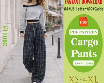 Women Wide Leg Cargo Pants PDF Sewing Pattern, Elastic Waist Plaid Utility Pants, Relaxed Fit Streetwear Trousers, Digital Download