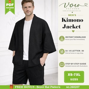 May include: A black kimono jacket and matching shorts set worn over a white t-shirt. The image includes text: Vow Pattern, Kimono Jacket, Instant Download, A4/US Letter/A0, Step-by-step guide, XS-7XL Sizes, and Free Bonus: Beret Hat Pattern.