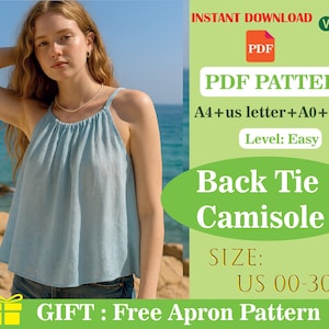 バックタイキャミソールストラップトップのPDF縫製パターン｜軽量サマーキャミソール｜デジタルダウンロード｜レディース用簡単DIYタンクトップ