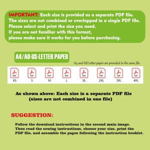 May include: A green and white graphic with text explaining PDF file sizes. The text states each size is a separate PDF file, available in sizes XS to 4XL. Instructions are provided for printing and assembly.