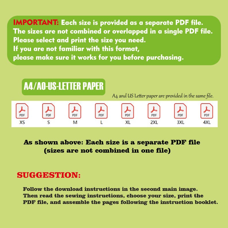 May include: A green and white graphic with text explaining PDF file sizes. The text states each size is a separate PDF file, available in sizes XS to 4XL. Instructions are provided for printing and assembly.