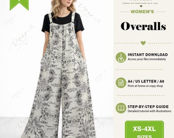Loose Fit Overalls PDF Sewing Pattern – Beginner Friendly Wide Leg Jumpsuit for Women – Relaxed Fit Bib Pants Digital Download