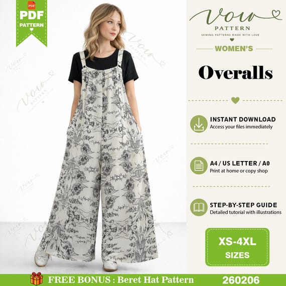 Loose Fit Overalls PDF Sewing Pattern – Beginner Friendly Wide Leg Jumpsuit for Women – Relaxed Fit Bib Pants Digital Download