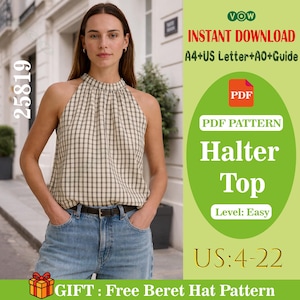 Modello di cucito PDF per top senza maniche con scollo all'americana da donna / Camicetta estiva ampia a quadri / Tutorial di cucito fai da te facile per principianti per realizzare un top canotta