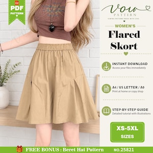 Può includere: Una gonna pantalone beige svasata con elastico in vita e dettagli con cuciture curve. L'immagine include il testo: Vow Pattern, Women's Flared Skort, Instant Download, A4/US Letter/A0, Step-by-step guide, XS-5XL Sizes e Free Bonus: Beret Hat Pattern.