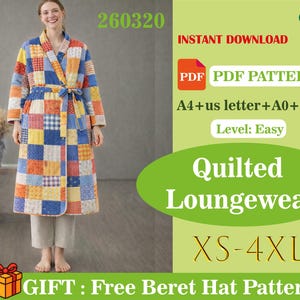 Quilted Patchwork Robe PDF Sewing Pattern, Belted Loungewear, Long Housecoat, Cozy Quilted Coat, Beginner Friendly