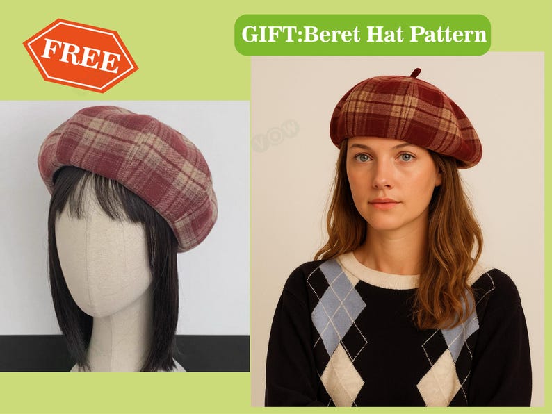 May include: A burgundy and tan plaid beret hat. The hat is displayed on a mannequin head and worn by a person. The image also includes the text "FREE" in a red and white hexagon and "GIFT: Beret Hat Pattern" in green text.