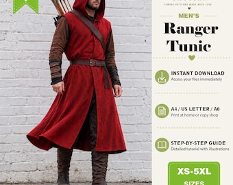 May include: A red hooded tunic with long brown sleeves and a brown belt, worn with brown trousers and boots. The image includes text: Vow Pattern, Ranger Tunic, Instant Download, A4/US Letter/A0, Step-by-step guide, XS-5XL, Free Bonus.