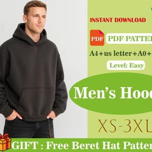 May include: A dark gray hoodie with a front pocket, worn by a person. The image includes text that says "Men's Hoodie" and "XS-3XL". Additional text indicates it is an instant download PDF pattern with a free beret hat pattern.